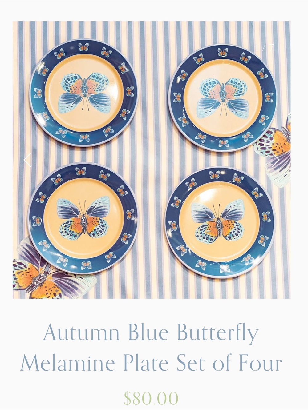 Catherine Cartie Autumn Blue Butterfly Melamine Plate Set of Four- Blue 🦋 SALE!!